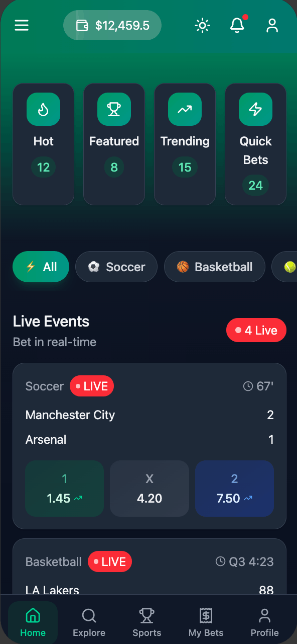BetUp app · real-time sports betting with live odds