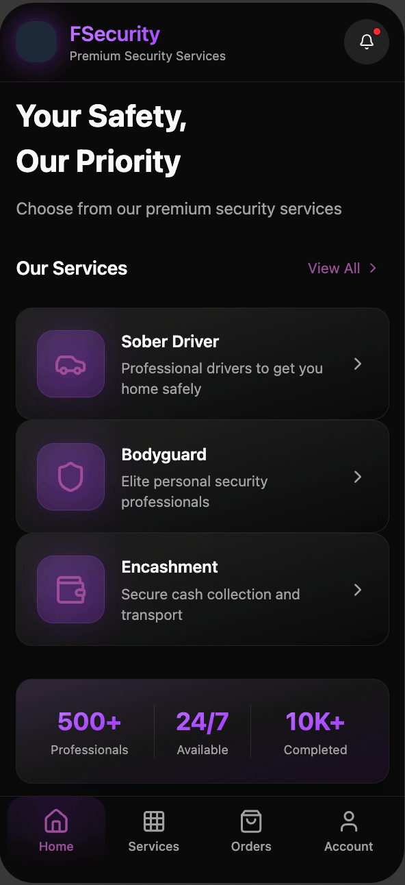 F Security app · Your Safety, Our Priority — premium security services dashboard